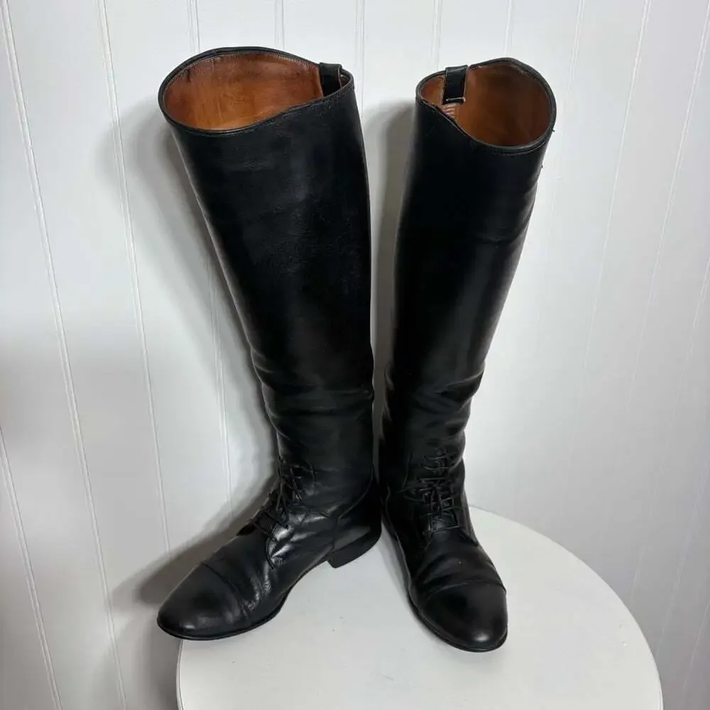 Vintage E. Vogel Tall Leather Riding Boots Equestrian Black Lace Up Heritage 8/9